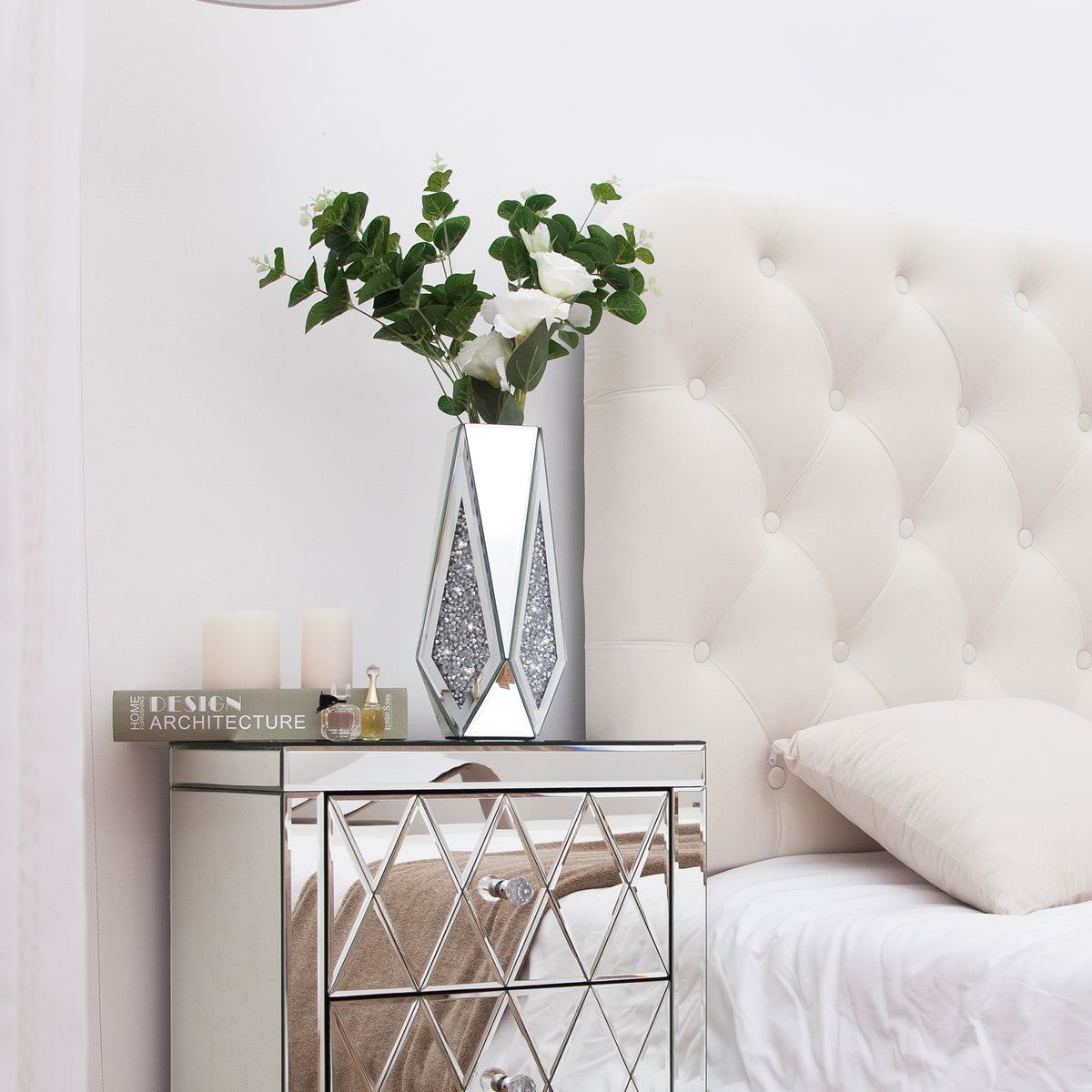 Silberner Kristall Deko Vase Glas Atemberaubende Spiegelvase Blumen Luxus für Heimdekoration