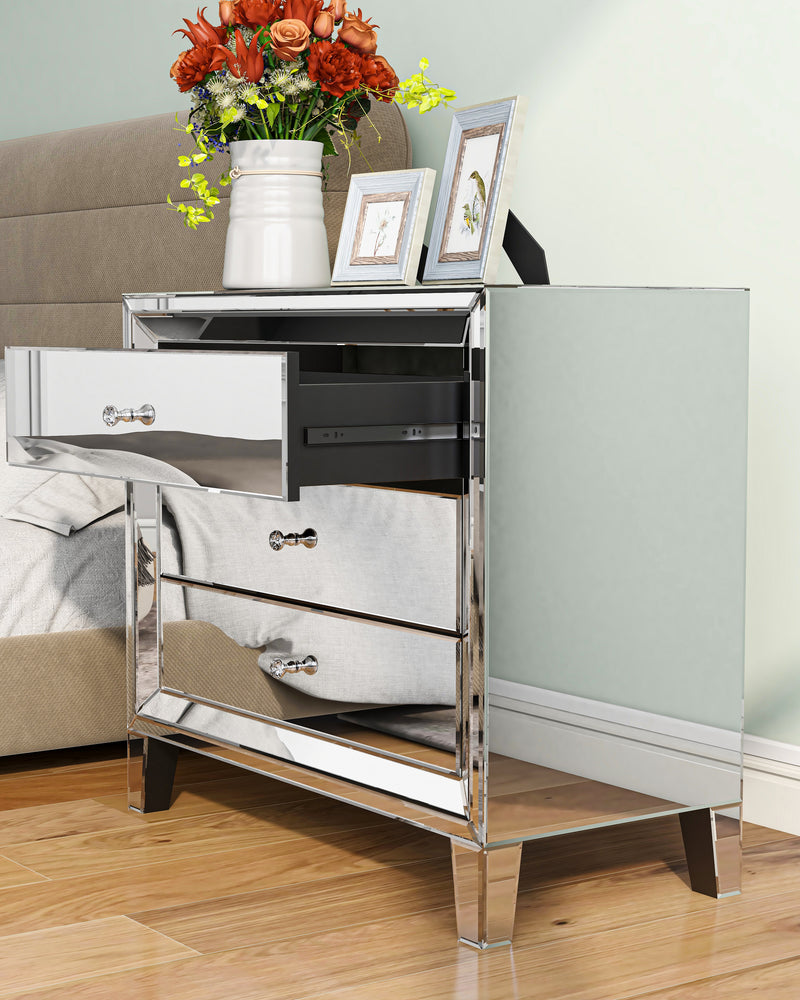 Glam Mirror Nightstand Bedside Table with 3 Drawer Chest