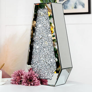 Crushed Diamond Mirrored Flower Vase Large Glass Vase Modern Crystal Decorative Mirror Vases Stunning Luxury Flowers Home Decor, Silver, 14" H. Can’t Hold Water.