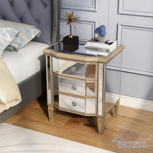 SHYFOY 23.62" Mirror Glass 3-Drawers Vintage Border Nightstand / SF-BT124