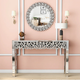 Glam Mirrored Entryway Table Console Table with Crystal Frame