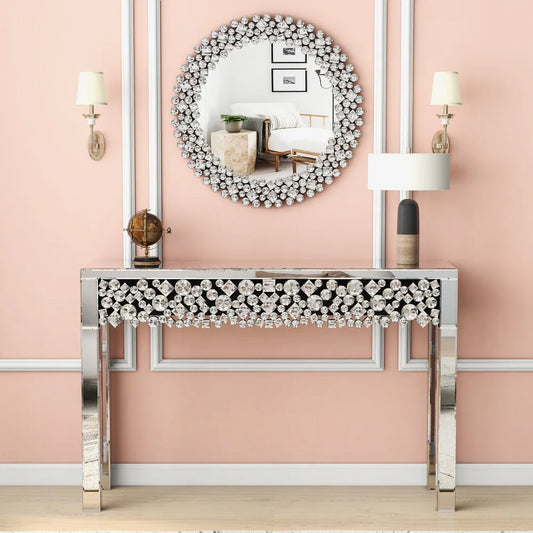 Glam Mirrored Entryway Table Console Table with Crystal Frame