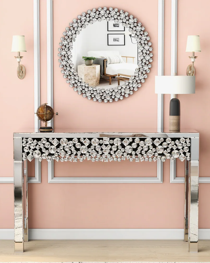 Glam Mirrored Entryway Table Console Table with Crystal Frame
