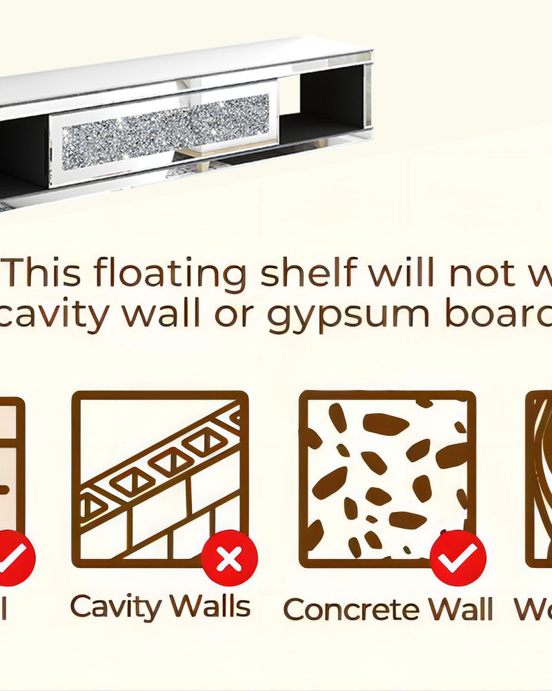 Mirrored Floating TV Shelf Crushed Diamonds Wall Mounted