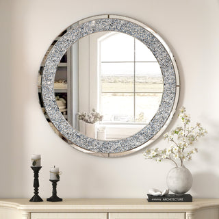 SHYFOY Round Large Mirror Crushed Diamond Wall Mirrorfor Living Room 32IN Silver