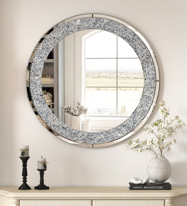 SHYFOY Round Large Mirror Crushed Diamond Wall Mirrorfor Living Room Silver