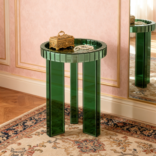 Green Mirrored End Table, 23" H Round Glass Side Table with Three Legs