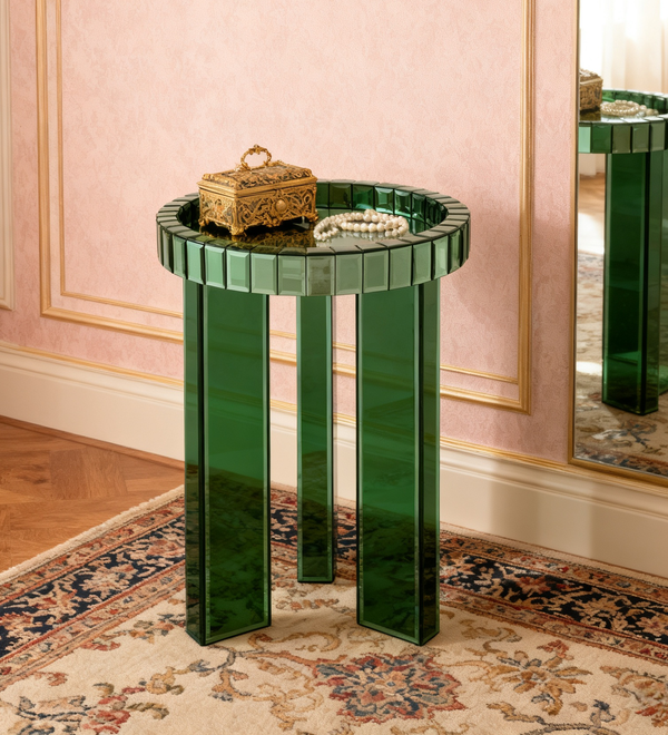 Green Mirrored End Table,  Round Glass Side Table with Three Legs