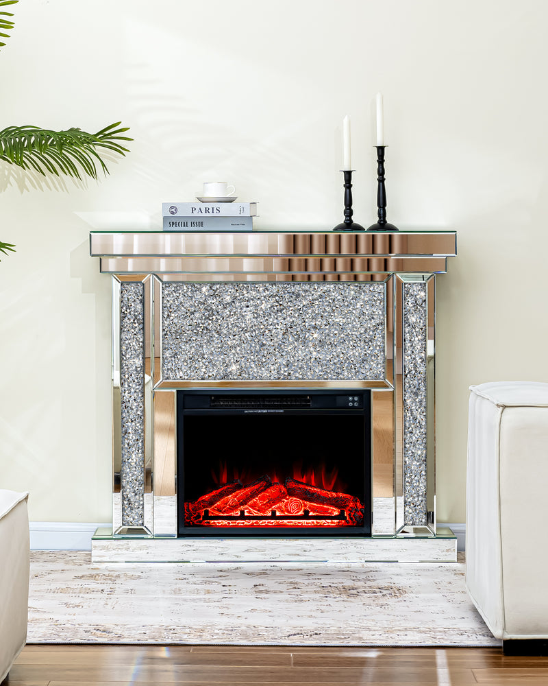 Electric Fireplace with Glass Mantel Surround, Crushed Diamonds inlay
