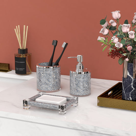 SHYFOY Silver Bathroom Set Accessory with Crushed Diamond, Modern Glass Bath Hardware Kit Sets, Sparkling Home Decoration