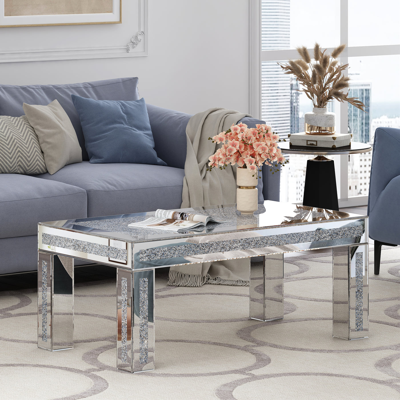 Verspiegelter Couchtisch mit zerstoßenem Diamant-Inlay, luxuriöser rechteckiger Glas-Mitteltsich
