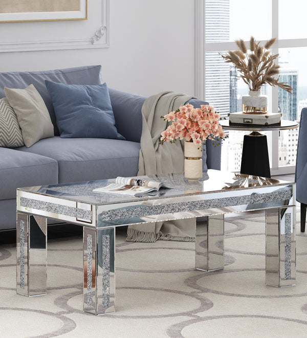 Mirrored Coffee Table with Crushed Diamond Inlay, Luxury Rectangular Glass Center Table