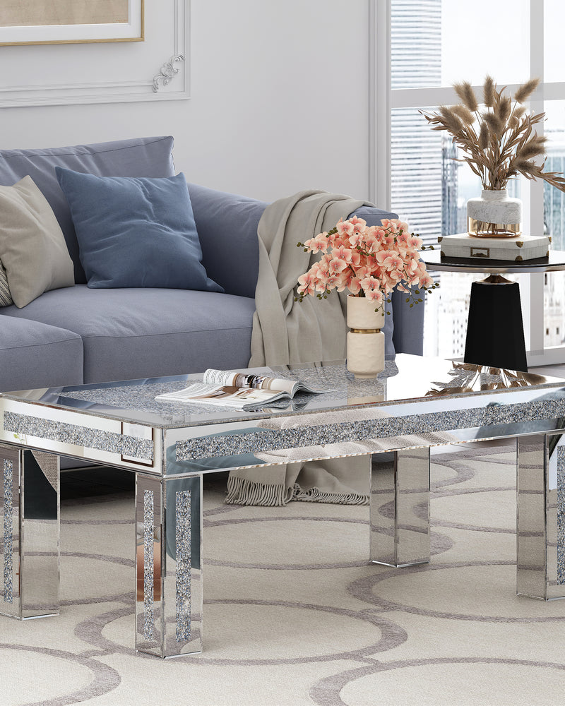 Mirrored Coffee Table with Crushed Diamond Inlay, Luxury Rectangular Glass Center Table