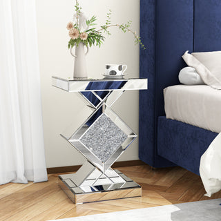 SHYFOY Mirrored Crushed Diamond Side Table Glass Mirror End Tables