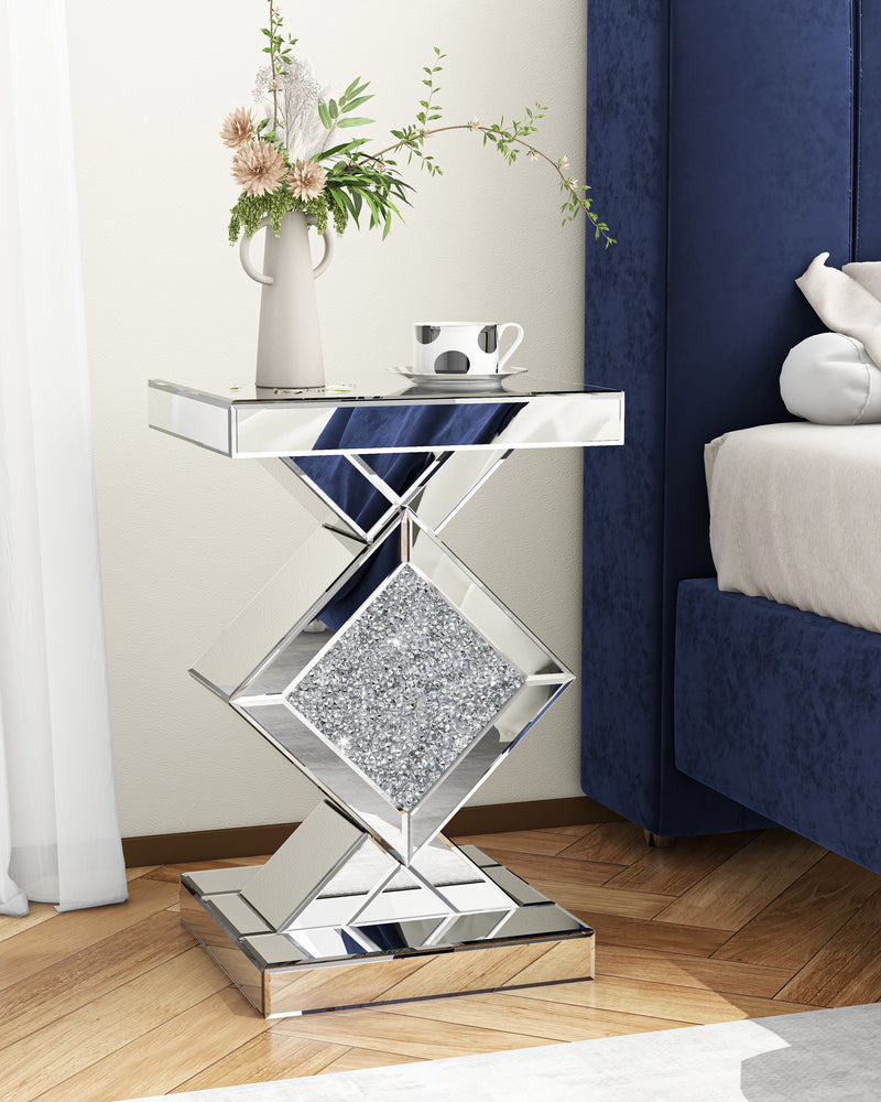 SHYFOY Mirrored Crushed Diamond Side Table Glass Mirror End Tables