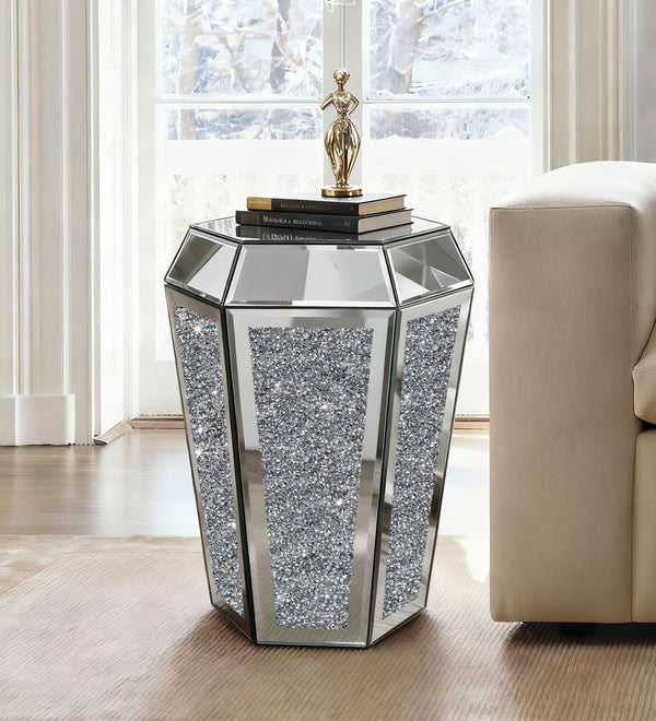 Hexagonal Mirrored Side Table with Crushed Crystal Inlay