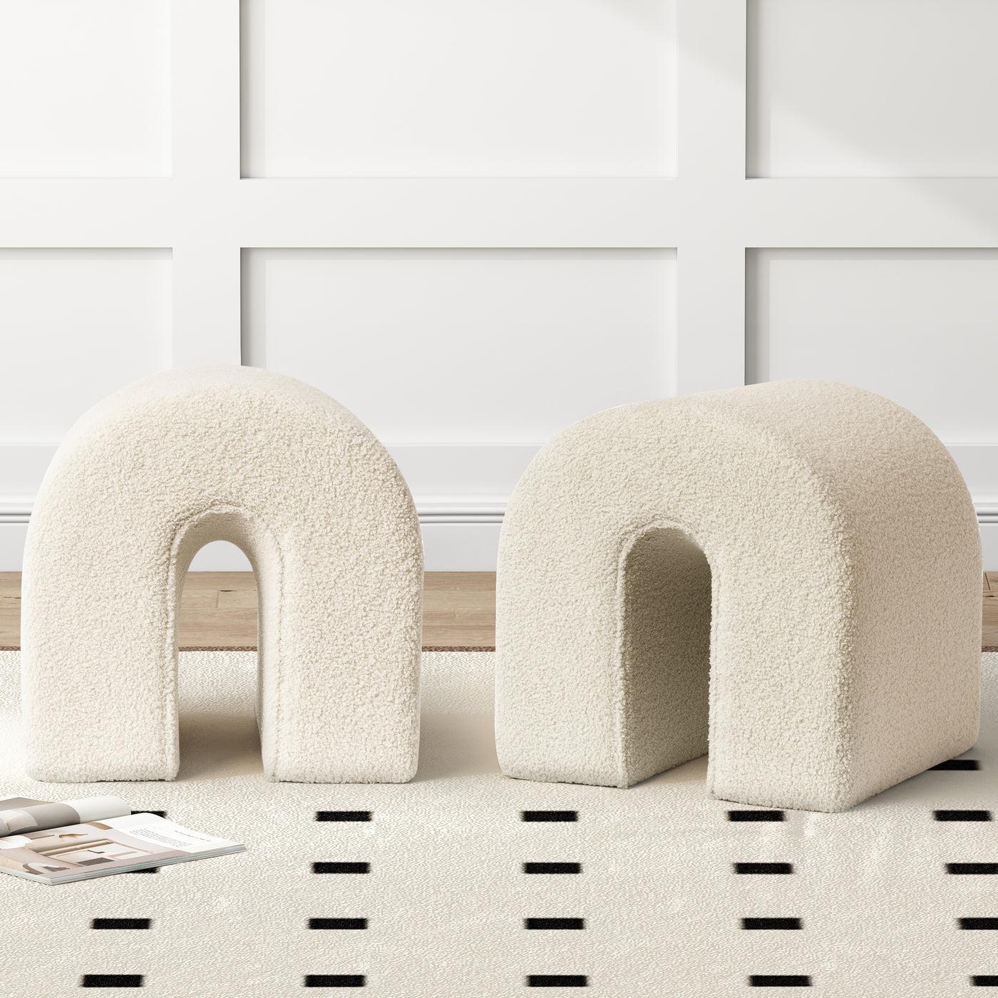 White Accent Upholstered Ottoman, N Shaped