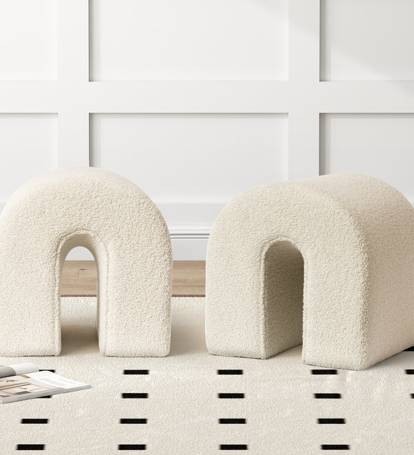 White Accent Upholstered Ottoman, N Shaped