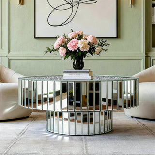 Mirrored Round Coffee Table Accent Table with Crushed Diamond
