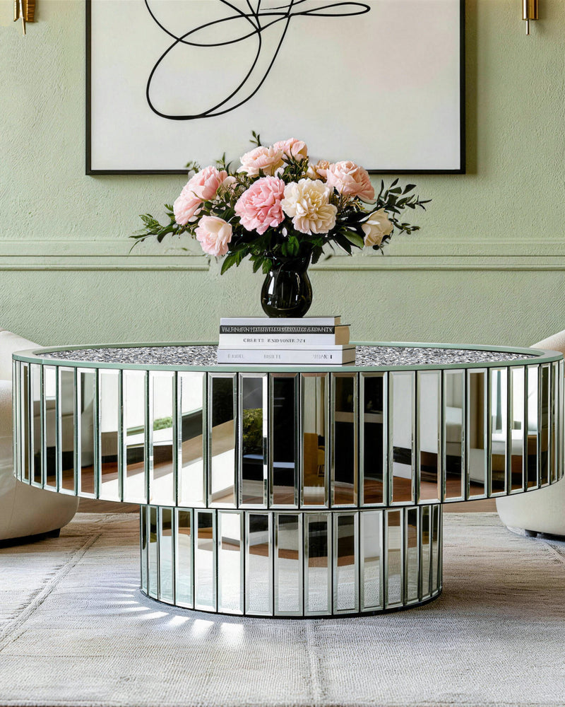Mirrored Round Coffee Table Accent Table with Crushed Diamond