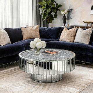 Mirrored Round Coffee Table Accent Table with Crushed Diamond