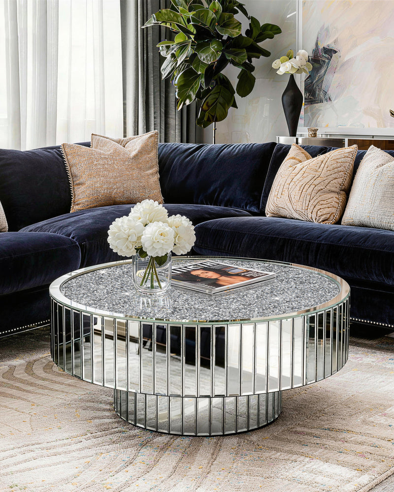 Mirrored Round Coffee Table Accent Table with Crushed Diamond