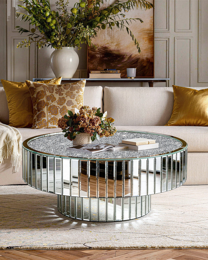 Mirrored Round Coffee Table Accent Table with Crushed Diamond