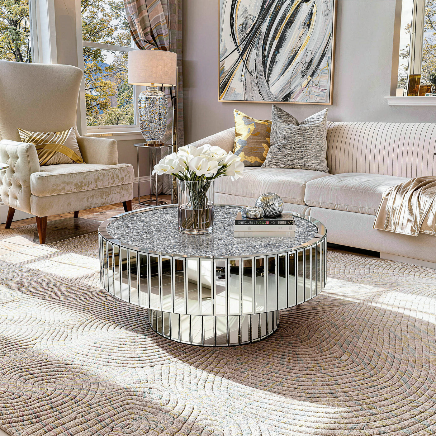 Verspiegelter runder Couchtisch Beistelltisch mit Crushed Diamond