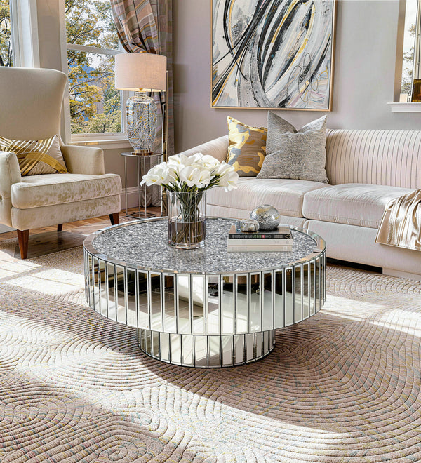 Mirrored Round Coffee Table Accent Table with Crushed Diamond