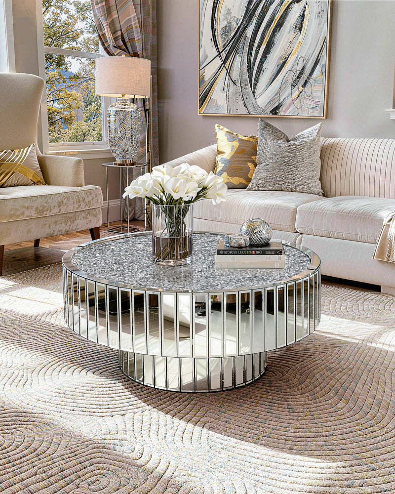 Mirrored Round Coffee Table Accent Table with Crushed Diamond