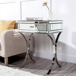 SHYFOY Mirrored Bedside Table with Stainless Steel | Silver Single Drawer Mirrored Night Table | Glass Mirror Nightstand