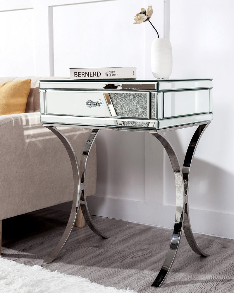 Mirrored Bedside Table with Stainless Steel,Silver Single Drawer Mirrored Night Table