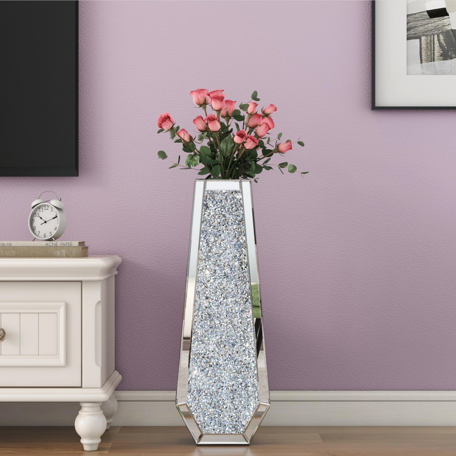 Große silberne Spiegel-Kristallvasen mit zerstoßenen Diamanten, hohe Bodenvase