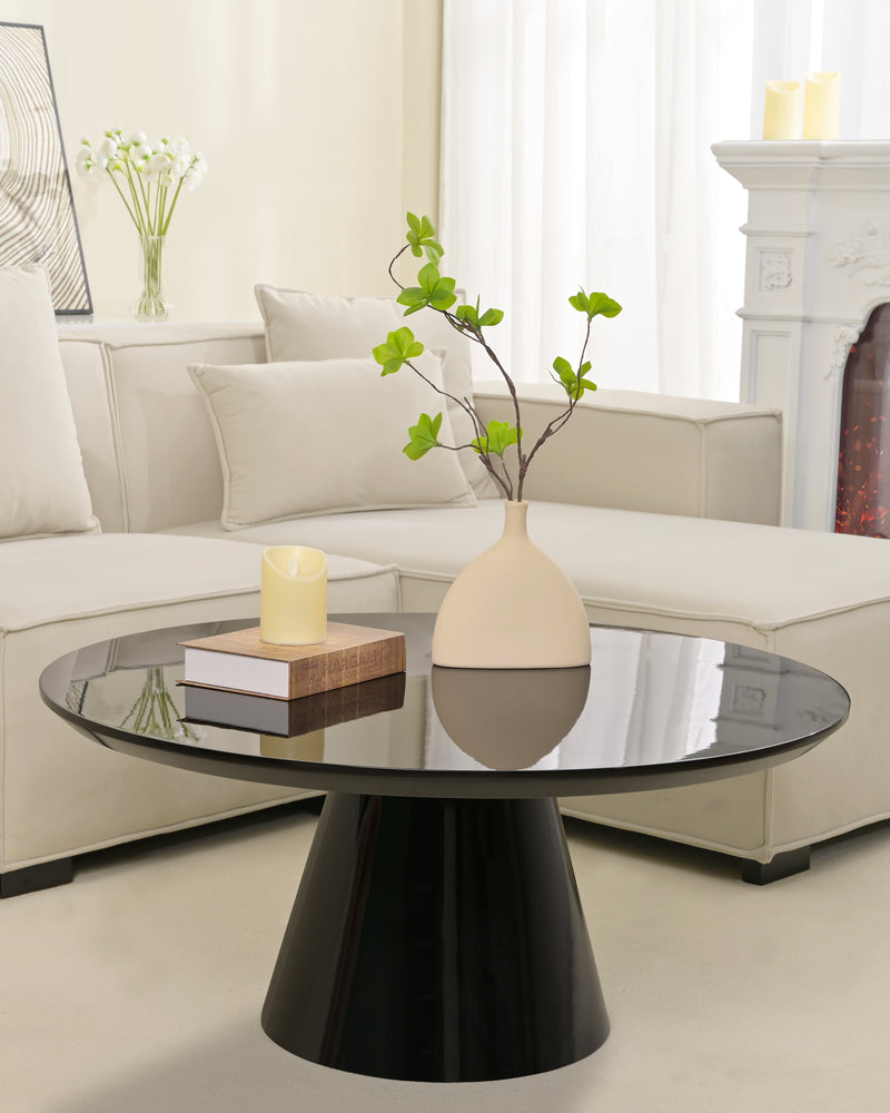 Black Modern Round Coffee Table with Cone-Shaped Base