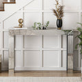 Silver Mirrored Console Table with Geometric Lines Design, Minimalist Glass Entryway Table