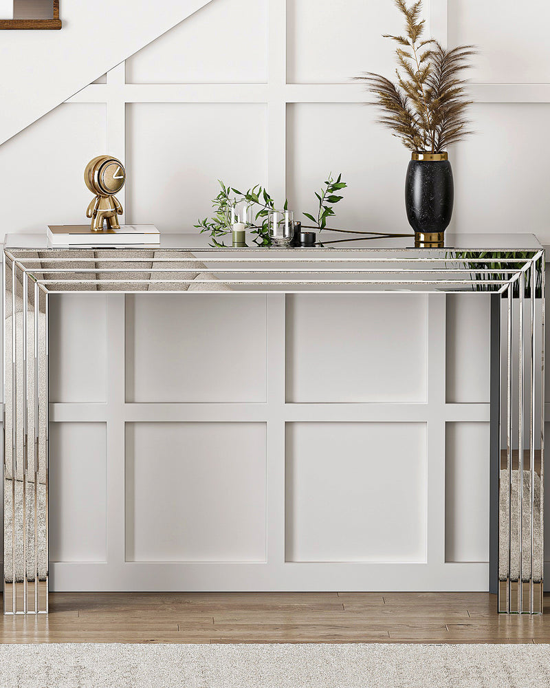 Silver Mirrored Console Table with Geometric Lines Design, Minimalist Glass Entryway Table