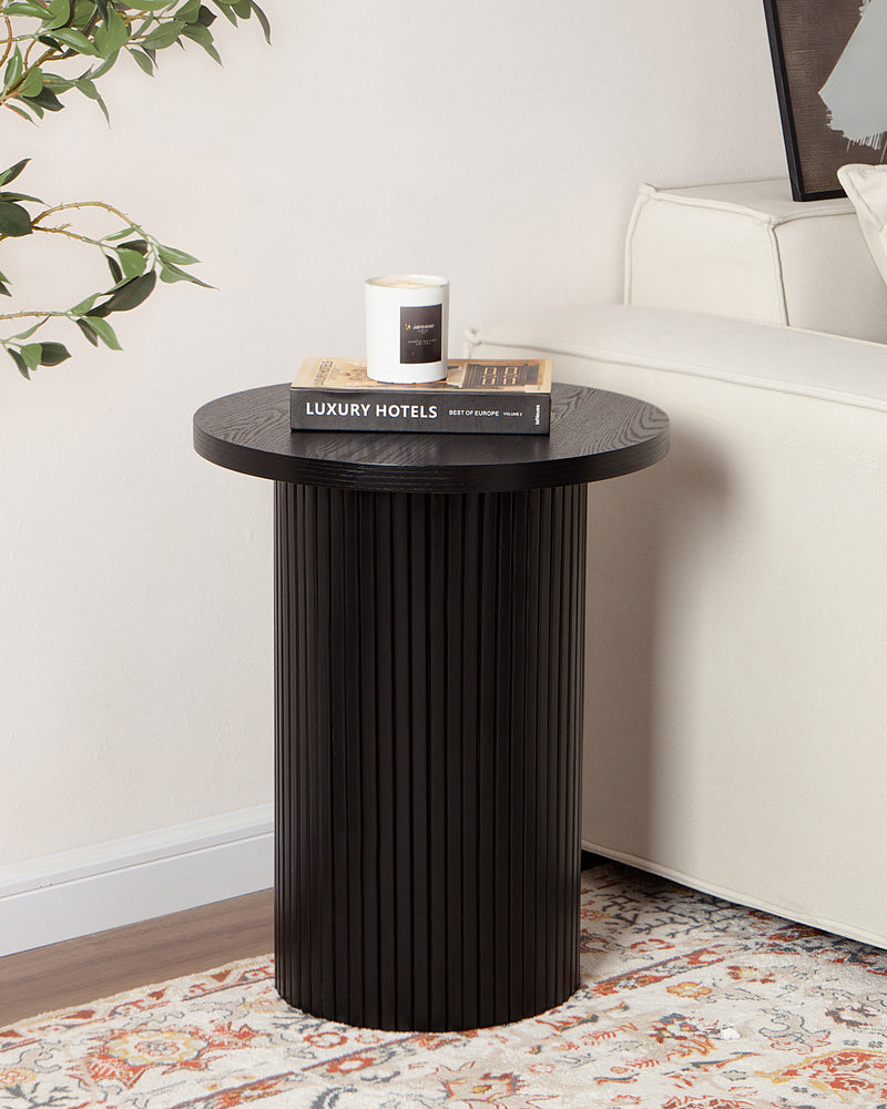 Black Round Wood End Table Fluted Pedestal Side Table