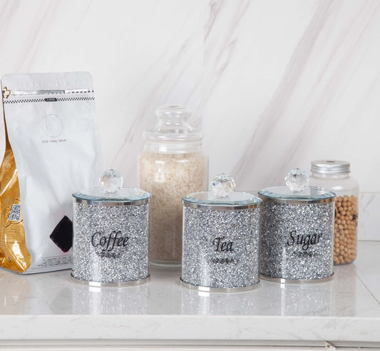 SHYFOY Sparkling Crushed Diamond Silver Glass Coffee Jars Set