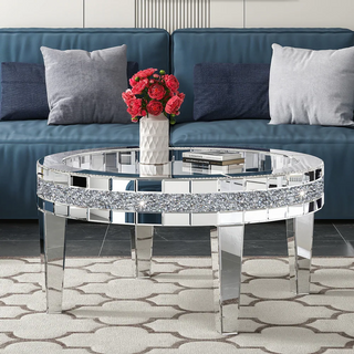 SHYFOY Round Glass Top Silver Accent Table Decor With Crushed Diamond Coffee Table