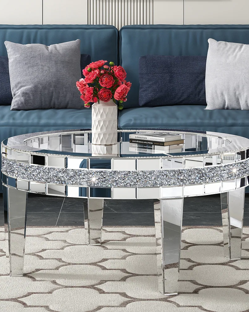 Round Glass Top Silver Accent Table Decor With Crushed Diamond Coffee Table