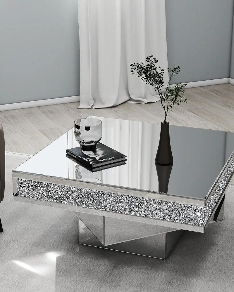 Glam Triple Mirror Diamond Coffee Table Accent Table