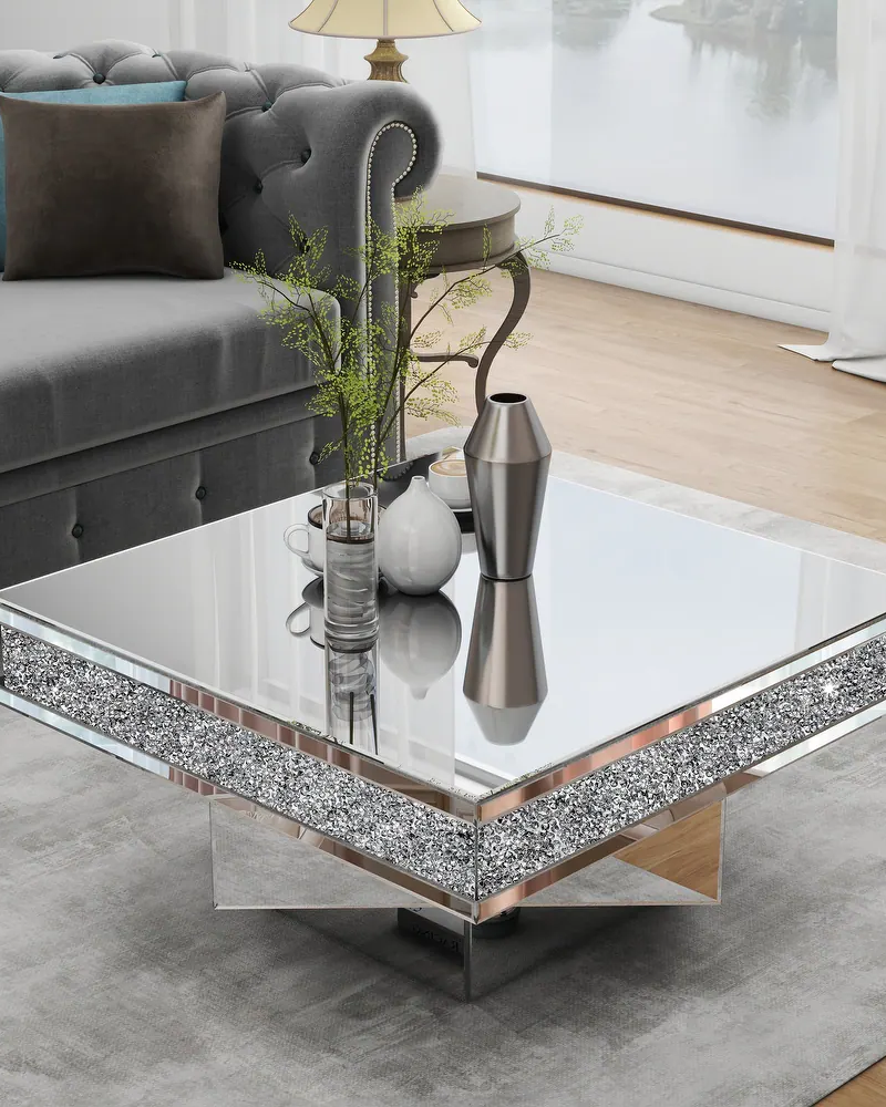 Glam Triple Mirror Diamond Coffee Table Accent Table