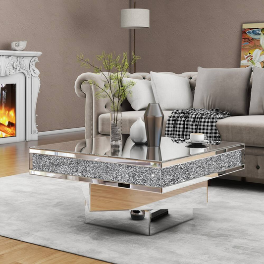 Glam Triple Mirror Diamond Coffee Table Accent Table