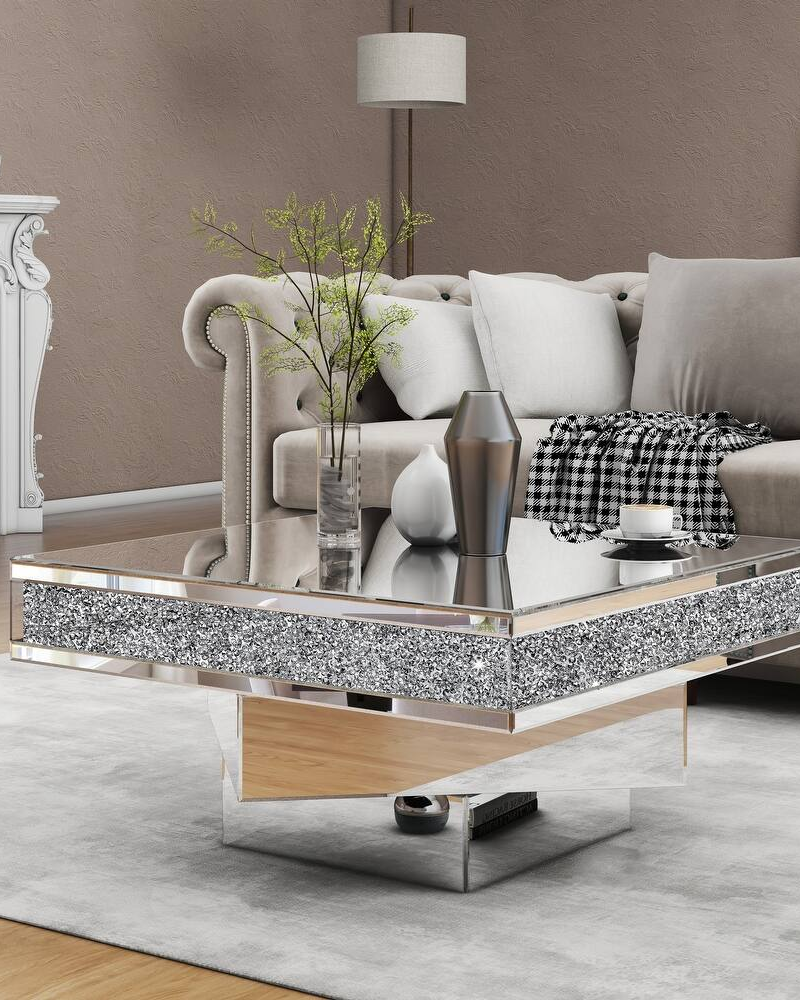 Glam Triple Mirror Diamond Coffee Table Accent Table