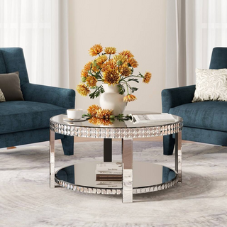 Round Glass Coffee Table with Crystal Decor