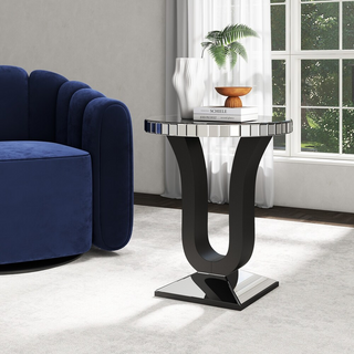 SHYFOY Modern Mirrored Side Table with Black Wood Base