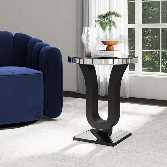SHYFOY Modern Mirrored Side Table with Black Wood Base