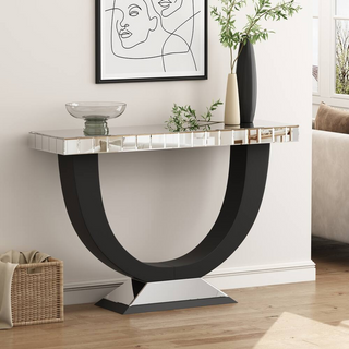 Modern Mirror Console Table with U-Shaped Black Wood Base