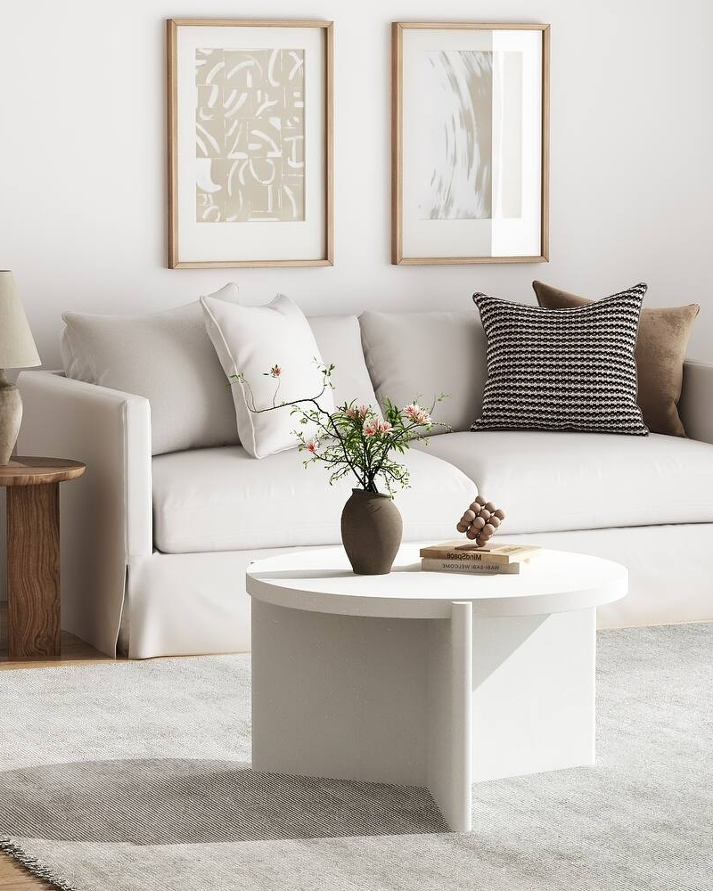 Modern Round White Coffee Table with Textured Finish Center Table