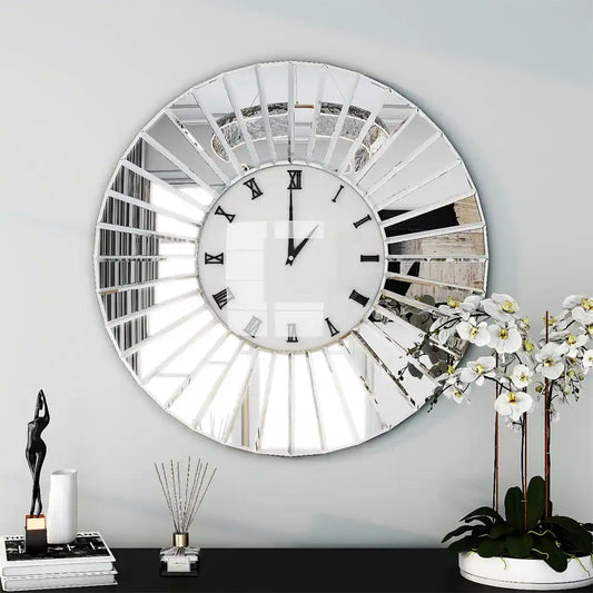 SHYFOY 23.6 Mirrored Wall Clocks Decor Sparkly Big Decorative Wall Clock - Round Modern Silver Glass Frame for Living Room Decoration Home Decor -